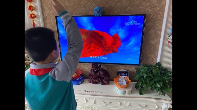 山东胶州小学生在家通过电视机上网课观看升国旗并敬礼