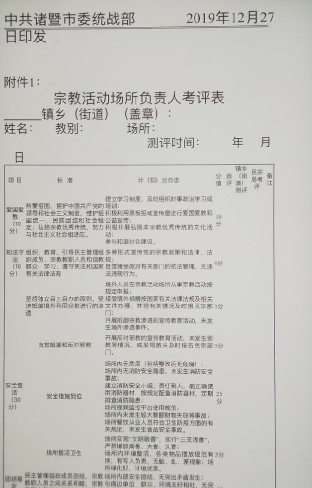 宗教活动场所负责人考评表（