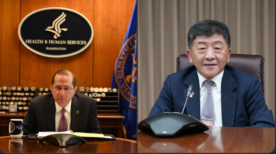 美国卫生部长阿扎(左)与台湾卫福部长陈时中(右)今年四月举行电话会议。