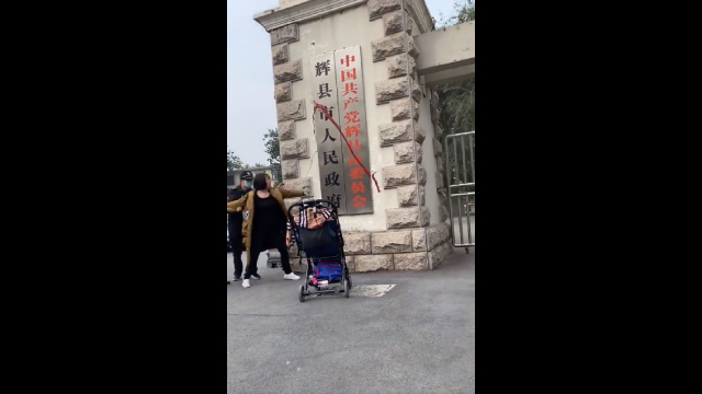 疫苗受害者家长何方美在河南辉县政府牌匾上泼洒红色油漆后被保安带走